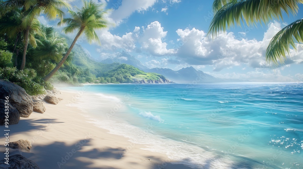 A stunning beach scene with crystal clear waters, white sandy beaches and palm trees swaying in the breeze A stunning beach scene with crystal clear waters, white sandy beaches and palm trees swaying in the breeze