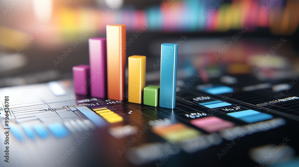 Colorful bar graphs and charts on a dark background, representing data analysis, financial trends, and business growth visualization. Colorful bar graphs and charts on a dark background, representing data analysis, financial trends, and business growth visualization.