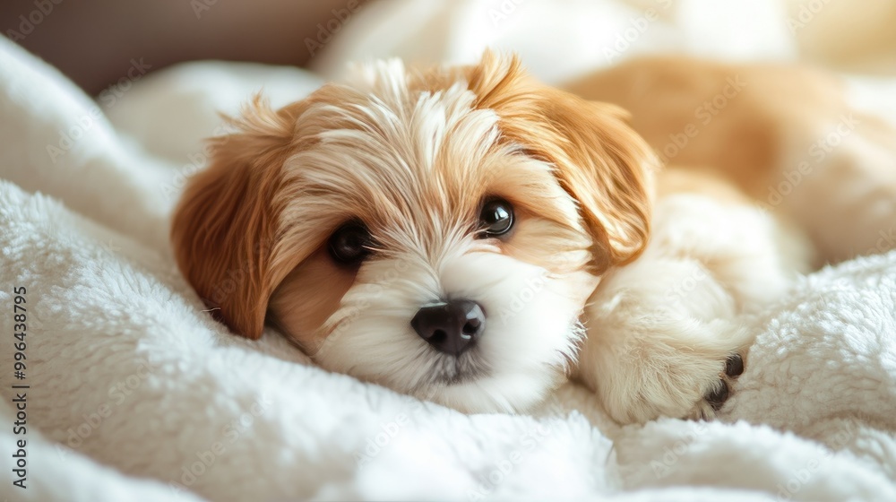 Fluffy puppy lying on a soft blanket, gentle lighting with wide copy space for text. Fluffy puppy lying on a soft blanket, gentle lighting with wide copy space for text.