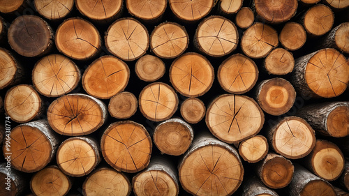 Stack of neatly arranged cut wooden logs showcasing tree rings in a close-up view, natural and geometric.