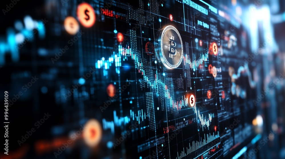 Futuristic financial technology background with digital currency and stock market data visualizations, symbolizing cryptocurrency market dynamics. Futuristic financial technology background with digital currency and stock market data visualizations, symbolizing cryptocurrency market dynamics.