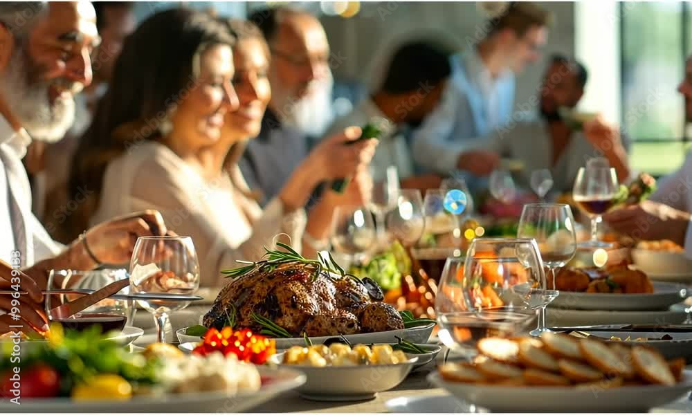 A group of people are gathered around a table with a variety of food and drinks Video