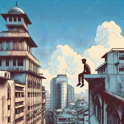 Sad man sitting on a roof looking down at a city below