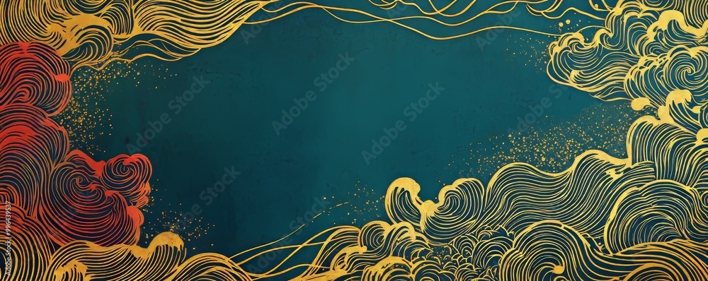 Golden mountain line arts wallpaper design with landscape backdrop to be used for cover, invitation background, packaging, fabric, and print.