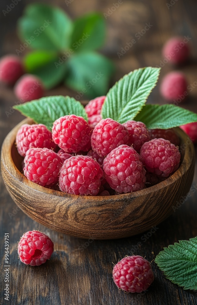 Fresh raspberries on a wooden plate with green leaves, set against a rustic wooden background Fresh raspberries on a wooden plate with green leaves, set against a rustic wooden background