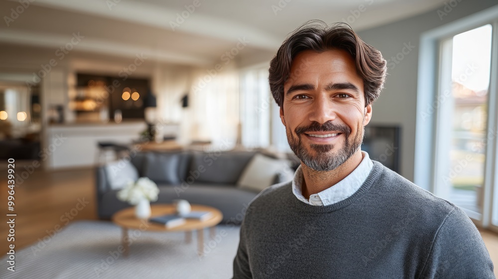 Smiling Man in a Modern Home Interior Smiling Man in a Modern Home Interior