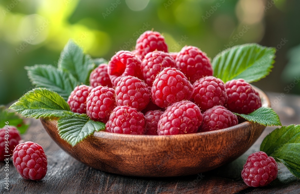 Fresh raspberries on a wooden plate with green leaves, set against a rustic wooden background Fresh raspberries on a wooden plate with green leaves, set against a rustic wooden background