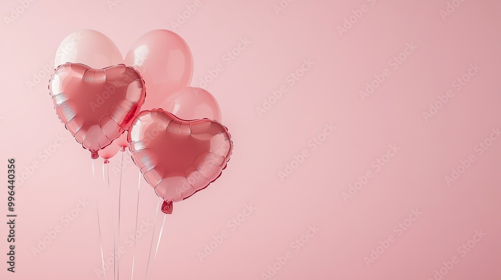 Heart-shaped balloons floating against a pink background, representing love and celebration. Copy space available. Heart-shaped balloons floating against a pink background, representing love and celebration. Copy space available.