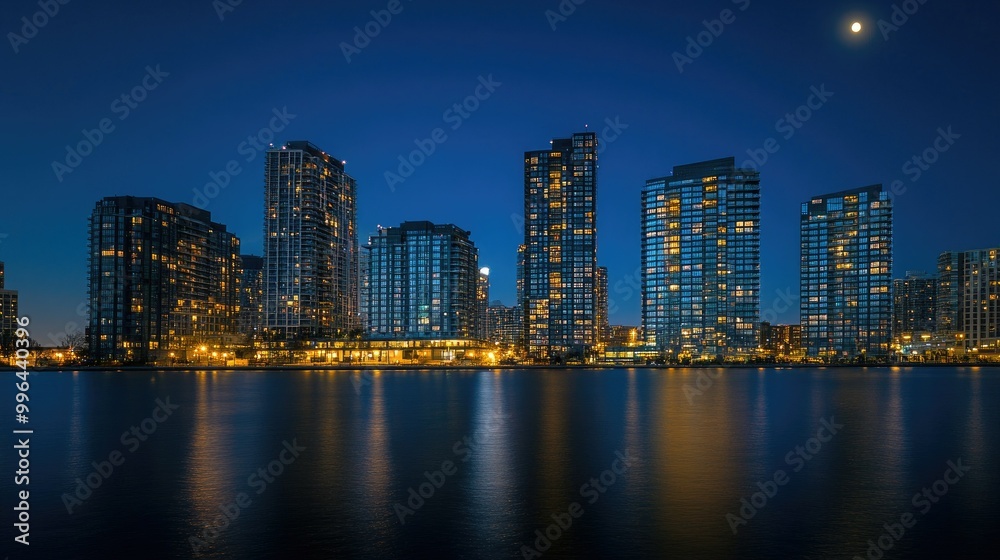 The iconic buildings of downtown glowing in the night, with the moon visible above, casting a serene light over the urban landscape. The iconic buildings of downtown glowing in the night, with the moon visible above, casting a serene light over the urban landscape.