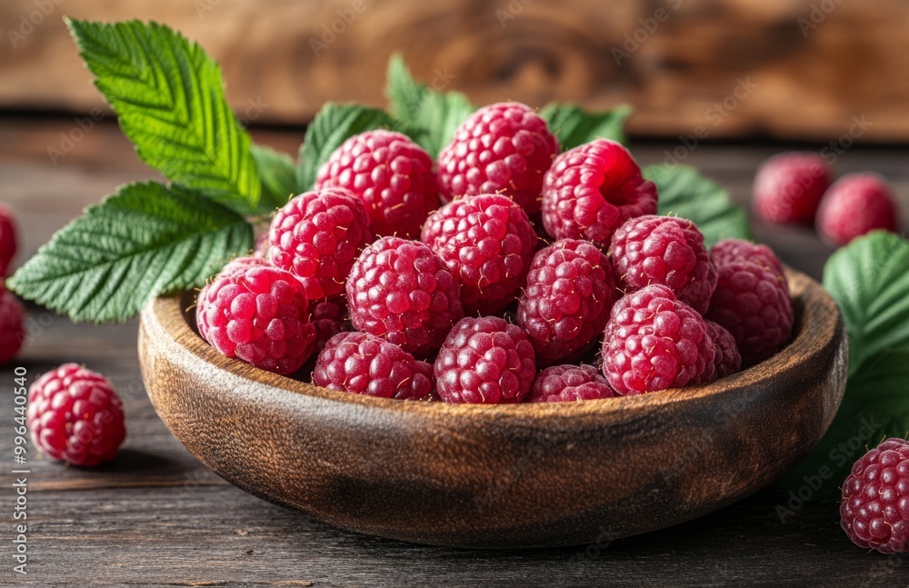 Fresh raspberries on a wooden plate with green leaves, set against a rustic wooden background Fresh raspberries on a wooden plate with green leaves, set against a rustic wooden background