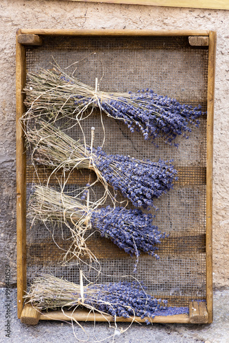 Four bouquet of dried lavender, hanged up photo