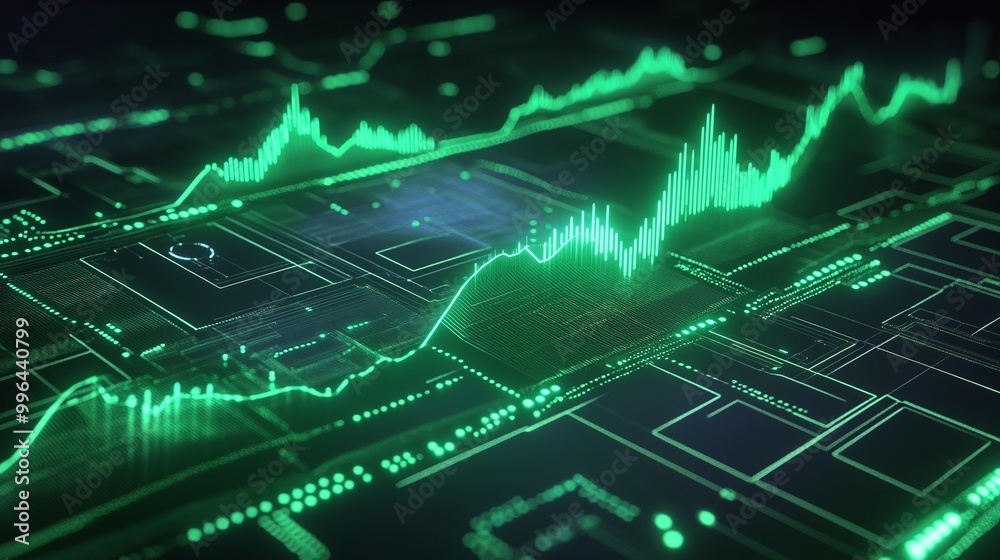 Green digital waveform on a dark background, representing data analysis and trends. Green digital waveform on a dark background, representing data analysis and trends.