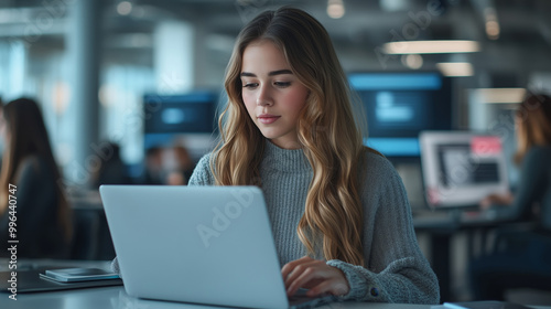 A young woman in casual attire working on her laptop