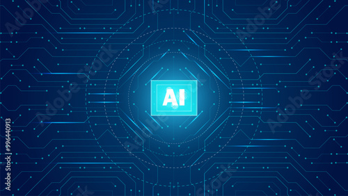 Artificial intelligence icon or AI circuit board. Abstract modern technology blue dark background. Vector editable