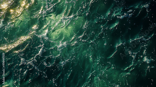 A close-up aerial view of a deep green ocean surface, with whitecaps and sunlight reflecting off the water.