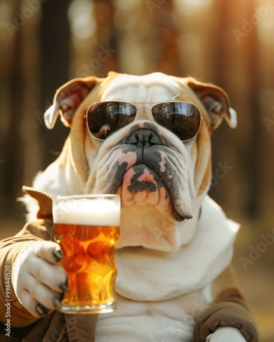 A humorous yet stylish bulldog, decked out in aviator sunglasses and a jacket, savoring a frosty glass of beer in a relaxed setting.