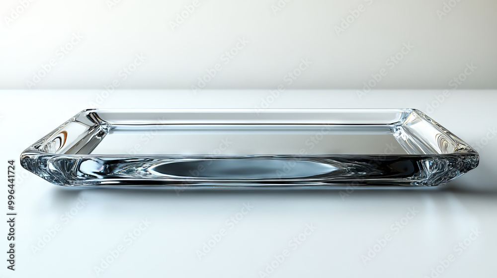 A clear glass tray sits on a white surface, ready for display. A clear glass tray sits on a white surface, ready for display.