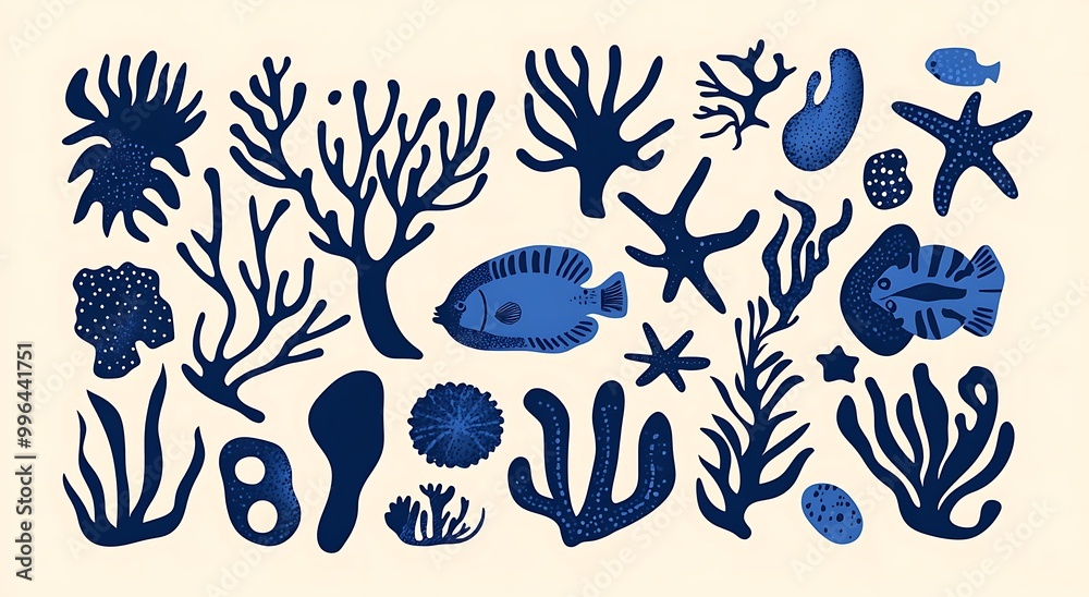 A simple vector graphic of various blue sea life shapes A simple vector graphic of various blue sea life shapes