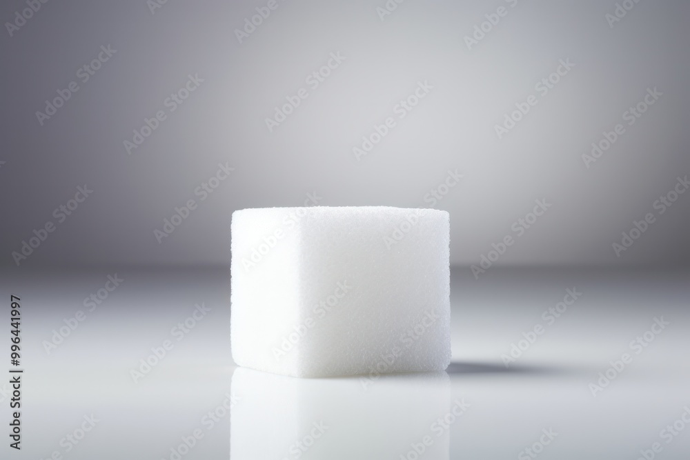 A single sugar cube, perfectly formed and gleaming, resting on a white background A single sugar cube, perfectly formed and gleaming, resting on a white background