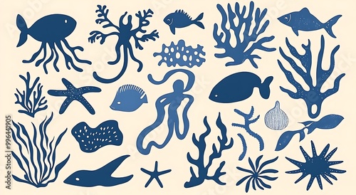 A simple vector graphic of various blue sea life shapes