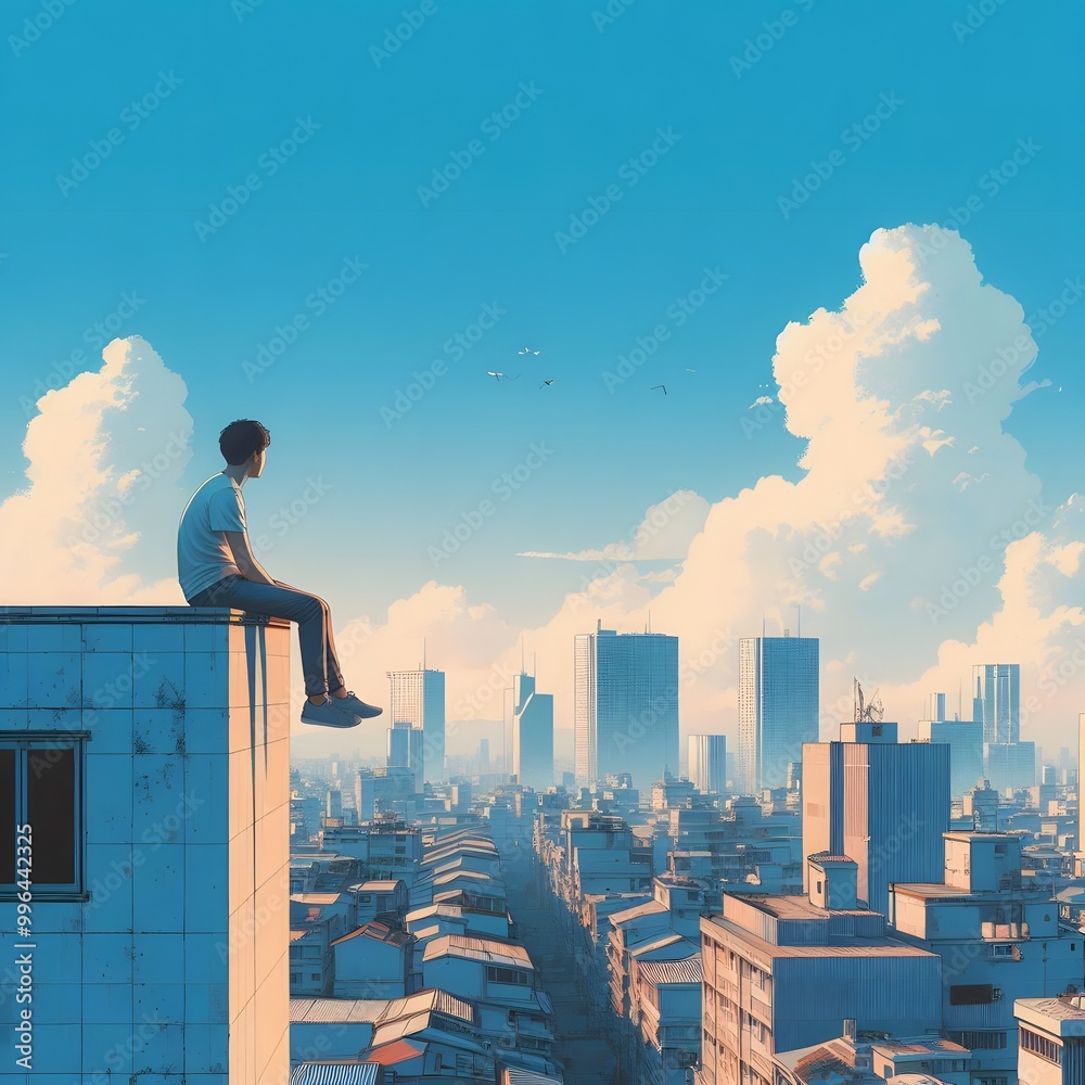 Sad man sitting on a roof looking down at a city below Sad man sitting on a roof looking down at a city below