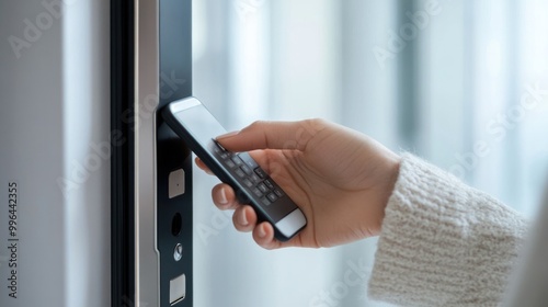 Smart security device, closeup of woman finger typing password on digital keypad door lock via smartphone, isolate on white background