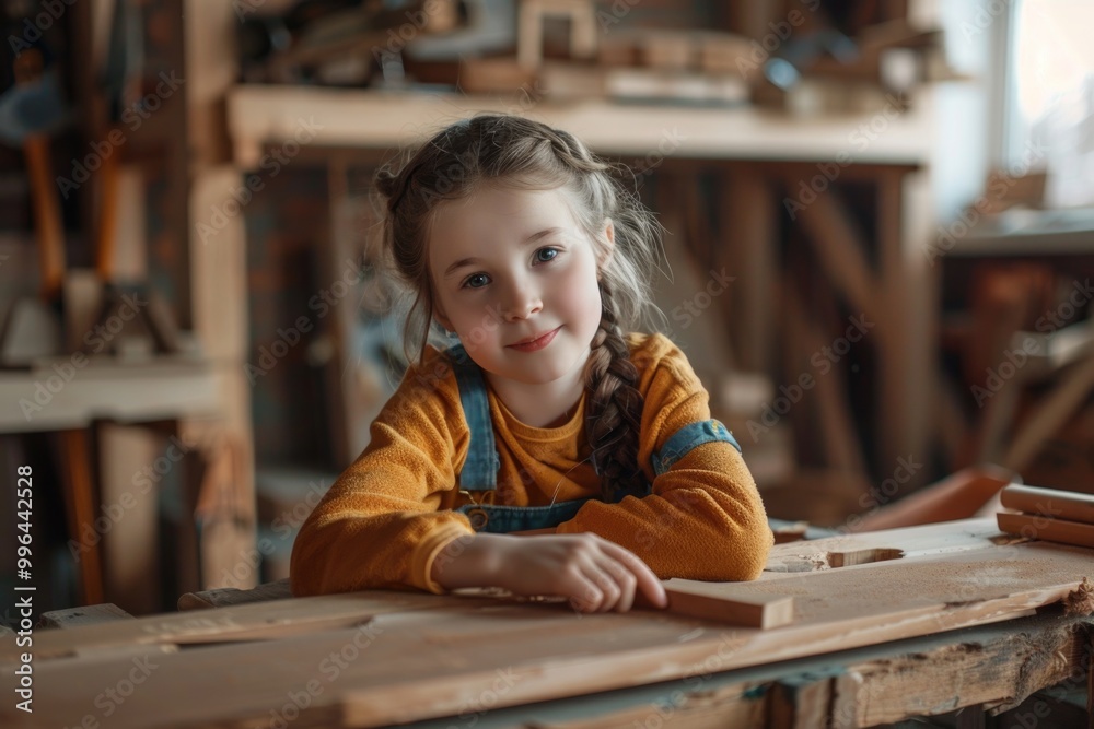 A young girl sits at a table working on a wooden craft project A young girl sits at a table working on a wooden craft project