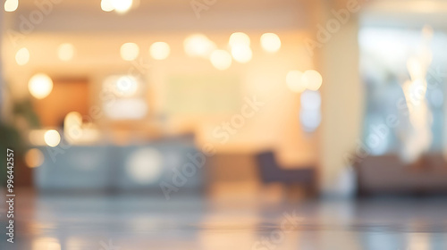 Blurred background of a hotel lobby with a reception desk, chairs, and warm lighting.