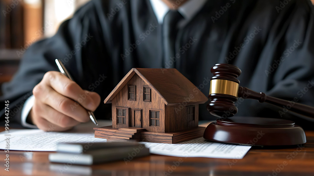 A judge's hand holds a pen over legal documents with a miniature house and gavel on a table. A judge's hand holds a pen over legal documents with a miniature house and gavel on a table.