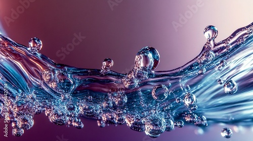 water splash with a purple background, in high definition. The liquid is flowing through the air,