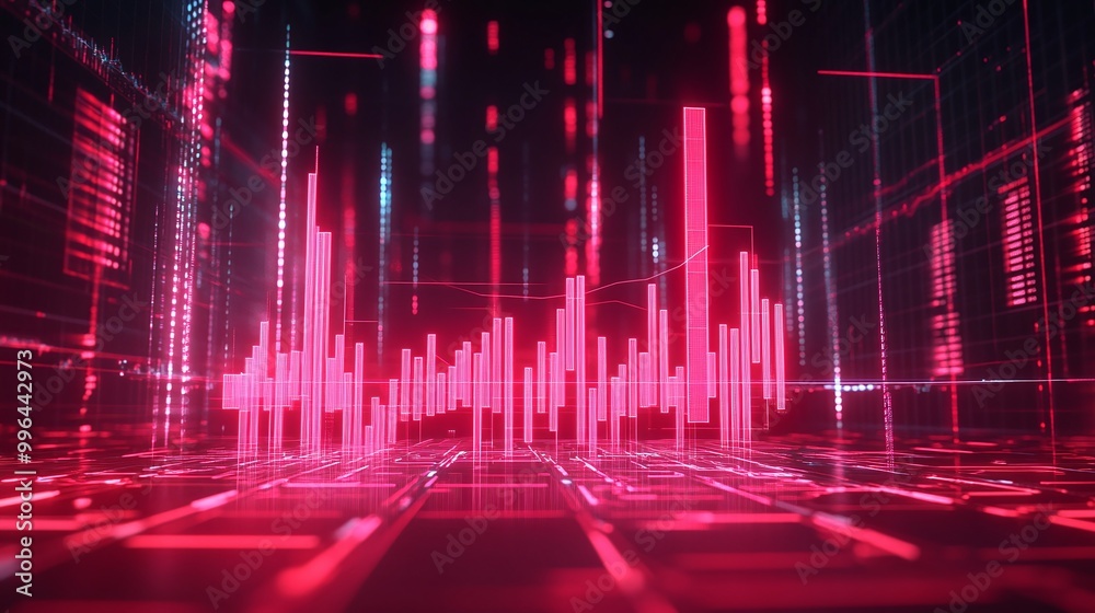 Vibrant digital data visualization with striking red tones, symbolizing technology and innovation in a futuristic space. Vibrant digital data visualization with striking red tones, symbolizing technology and innovation in a futuristic space.