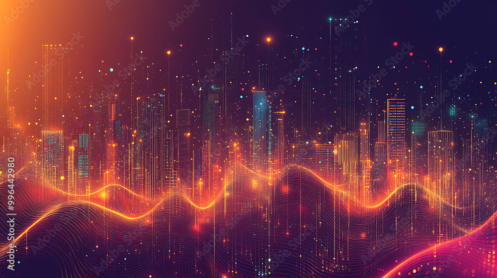 Fototapeta premium Abstract digital cityscape with glowing lines and dots in orange and red hues.
