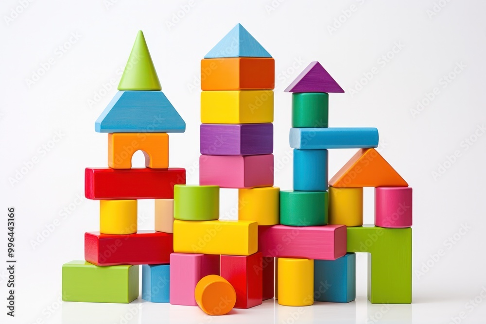 Fototapeta premium A whimsical assortment of children's building blocks in a playful mix of yellow, red, purple, blue, and green colors