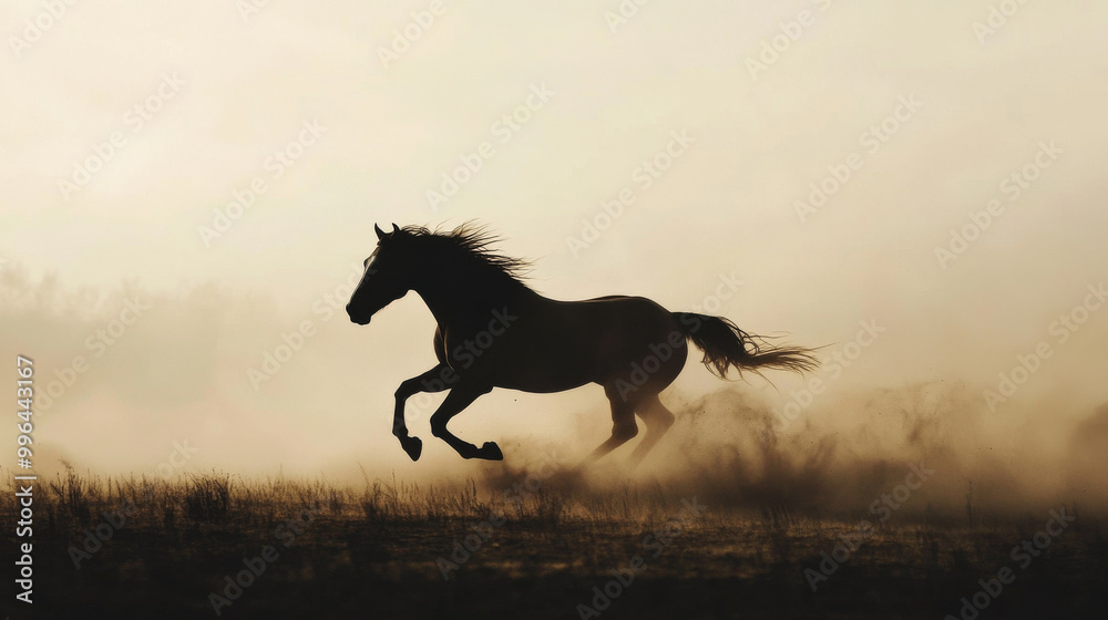 Silhouette of a horse running at full speed, with dust clouds rising behind it, in front of a pale sky Silhouette of a horse running at full speed, with dust clouds rising behind it, in front of a pale sky