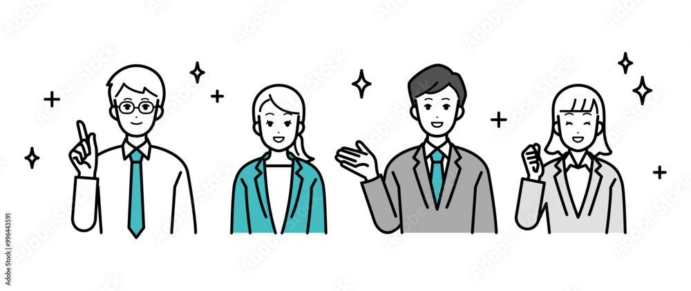 Illustration of business people male and female with positive reactions.