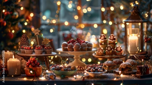 Delicious holiday treats on a table with warm lights and candles, perfect for festive gatherings and celebrations.