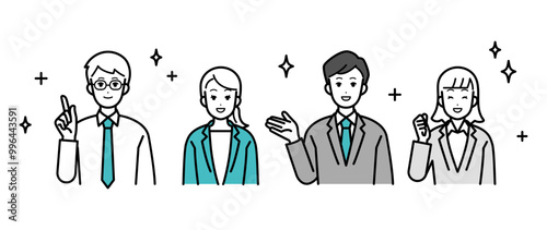 Illustration of business people male and female with positive reactions.