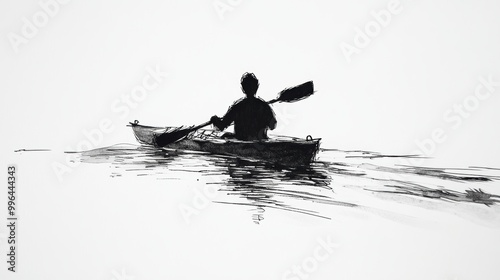 Sketch line drawing of a man kayaking in water