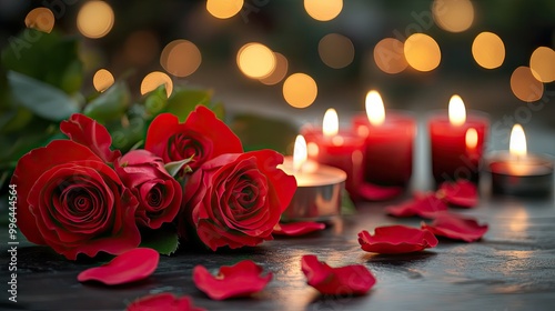 Red roses and candles on a table, symbolizing romance and celebration, no people, wide copy space for text or design.