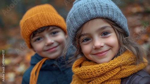 Happy brother and sister smiling in autumn forest.