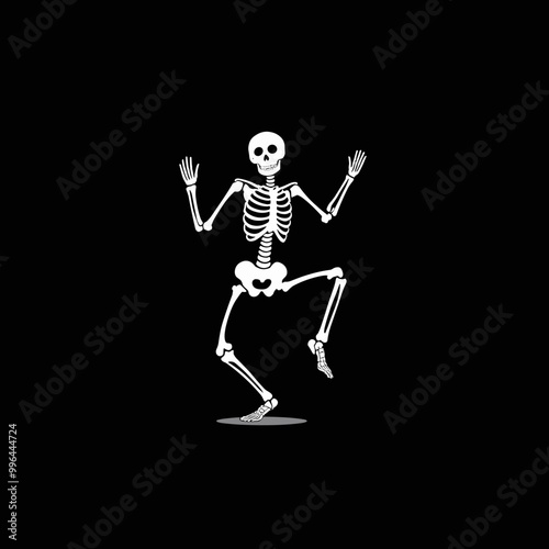 Joyful skeleton dancing with raised hands on a black background