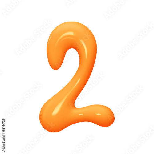 Number 2. Two Number sign orange soft color. Realistic 3d design in cartoon liquid paint style. Isolated on white background. vector illustration