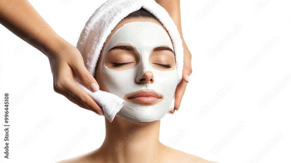 Woman receiving a luxury skincare mask from a professional beautician, spa session, isolate on white background Woman receiving a luxury skincare mask from a professional beautician, spa session, isolate on white background
