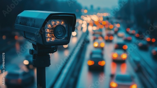 CCTV camera pointed at a congested highway, capturing the traffic jam, with cars blurred in the distance. photo