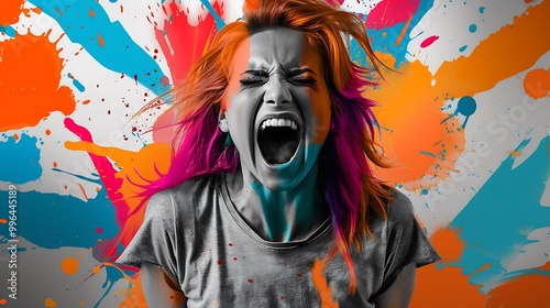 A vibrant image of a woman with colorful hair, expressing intense emotion against a backdrop of splattered paint, embodying energy and creativity. photo