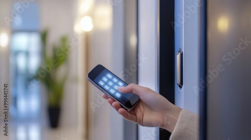 Woman using a smart device to unlock a hotel room, finger entering code on digital keypad lock, security technology, isolate on white background photo