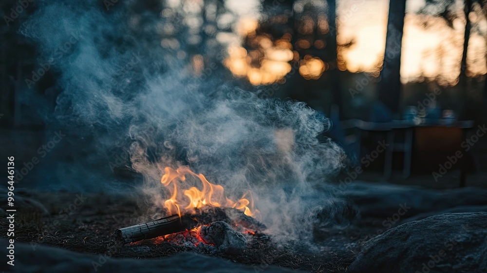 Wisps of smoke swirling through the air at dusk, illuminated by warm light from a nearby campfire, creating a cozy scene. Wisps of smoke swirling through the air at dusk, illuminated by warm light from a nearby campfire, creating a cozy scene.