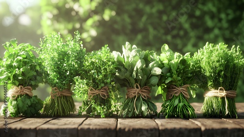 Fresh bundles of green herbs arranged neatly on a wooden surface, surrounded by lush greenery, evoking a vibrant and natural atmosphere.