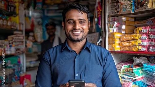 Store owner checking stock on phone in shop alley