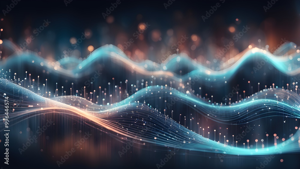 Abstract blue and orange glowing waves with digital particles on a dark background. Abstract blue and orange glowing waves with digital particles on a dark background.